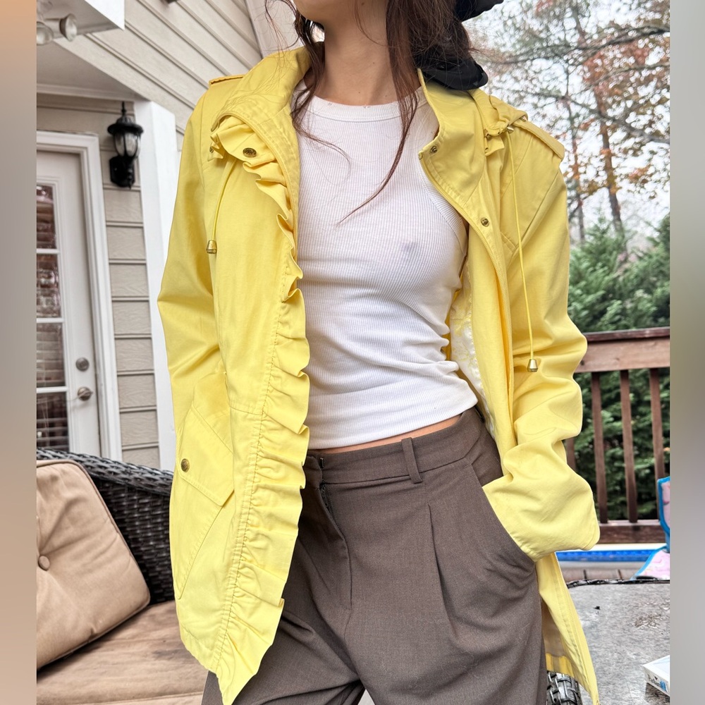 Yellow Hooded Ruffle Trim Utility Jacket